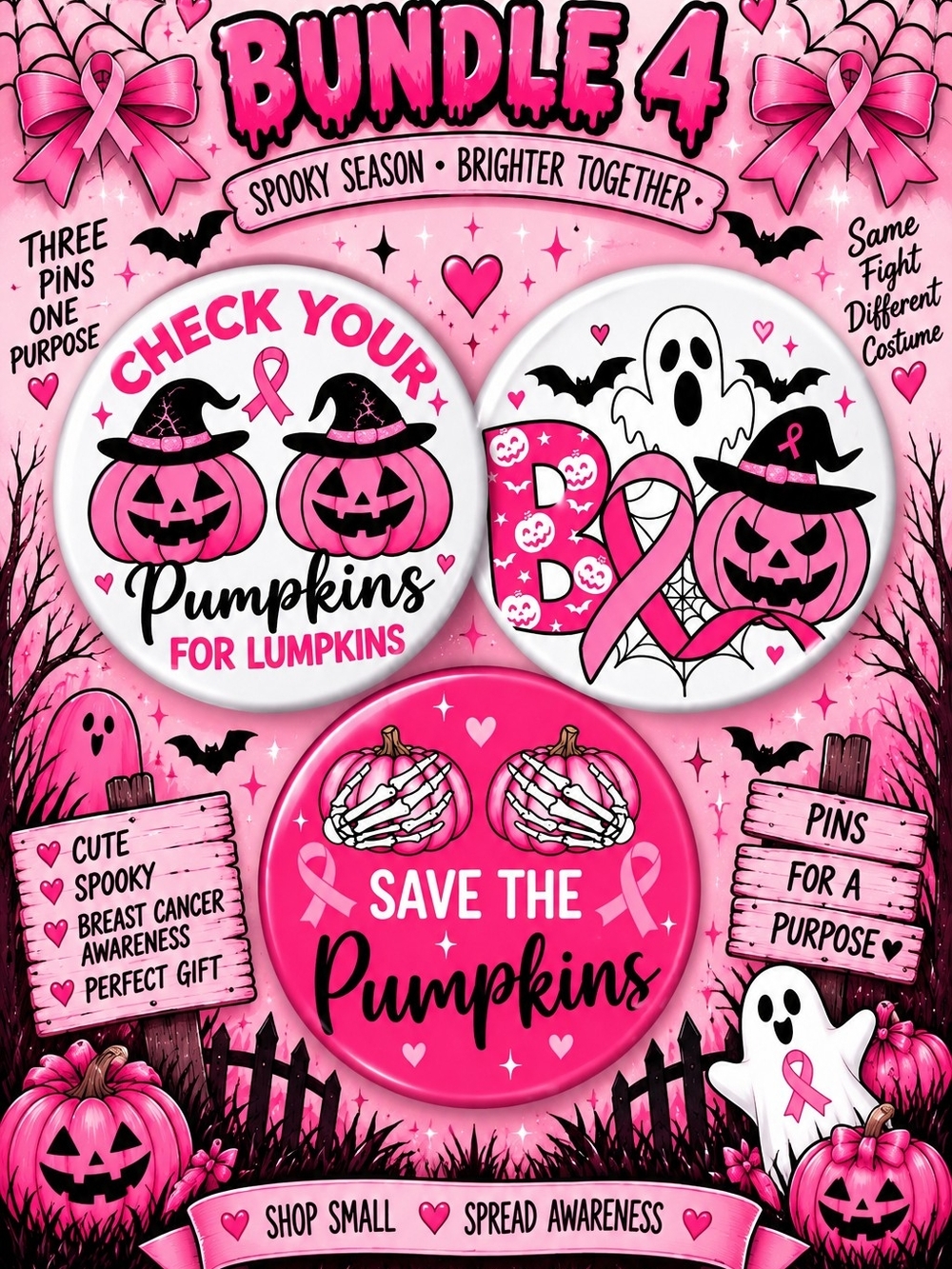 Breast Cancer Awareness Pink Pumpkin Pins Bundle 4 - Save The Pumpkins